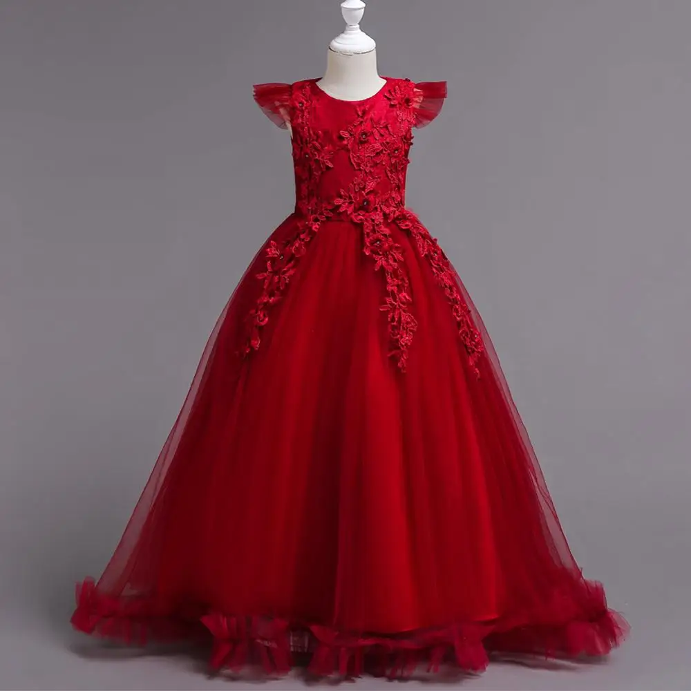 Cielarko/длинное платье для девочек платье принцессы с цветочным рисунком, вечерние платья для выпускного вечера платья с юбкой из тюля, Наряд для дня рождения Детские вечерние платье для 4-14 лет - Цвет: Red