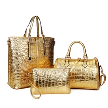 3 Unids Alligator Crocodile Mujeres Set Bolso de Cuero Famosa Marca de Lujo de Las Mujeres Bolsos de Hombro Bolsos de Las Señoras Bolso de Embrague Bolsa de Oro