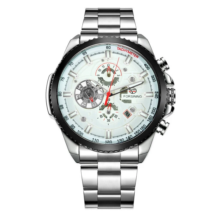 SILVER WHITE Бренд FORSINING, Роскошные автоматические часы, мужские многофункциональные механические часы, 3 суб-циферблата, стальной ремешок, военные спортивные наручные часы - Цвет: SILVER WHITE