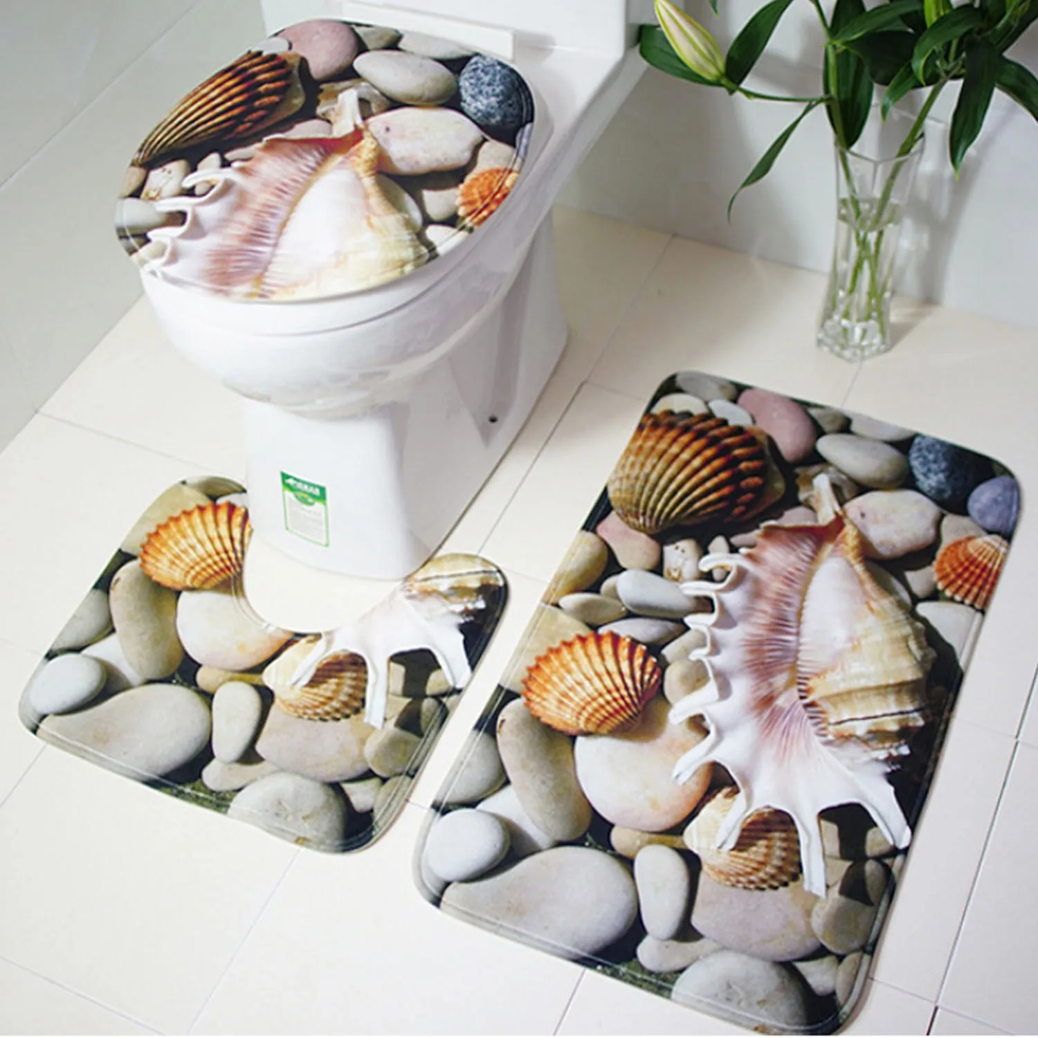Behogar 3pcs Bathroom Decorations Toilet Lid Cover Bath Mat Rug Pedestal Foot Pad Set Bathroom Toilet Supplies