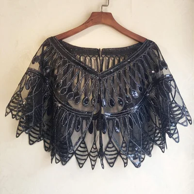 Black silver Женские шарфы 1920s Хлопушка вышивка Шаль с бахромой накидка Гэтсби Вечерние бисером накидка с пайетками винтажная Сетка шарф Обертывания для платья - Цвет: Black silver