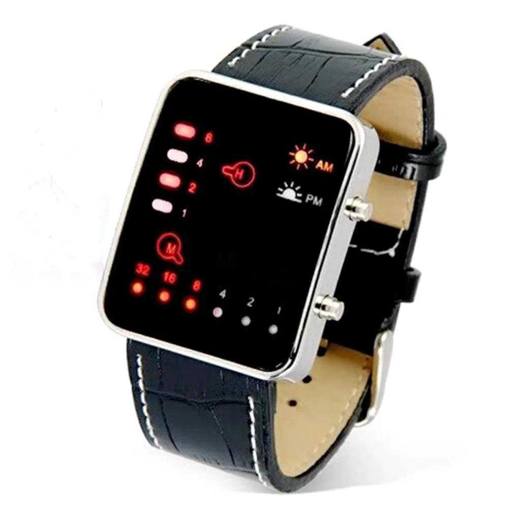 Мужские модные водонепроницаемые цифровые часы с бинарным дисплеем светодиодный
