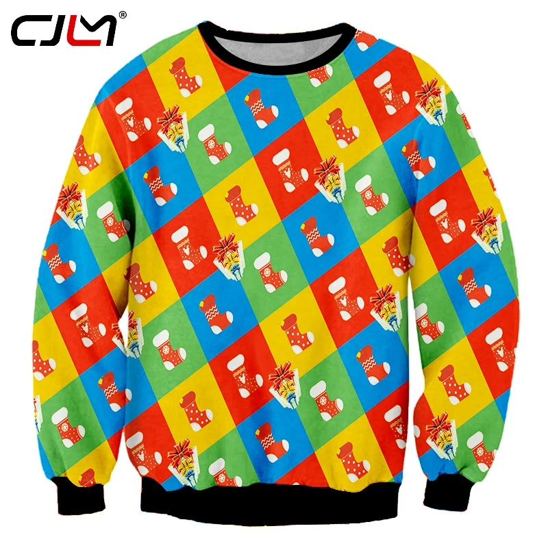 CJLM Christmas New Men's 3D Printed Colored Sweatshirt Stockings And Gift Boxes Sports Large Size Spandex 5XL Clothing | Мужская