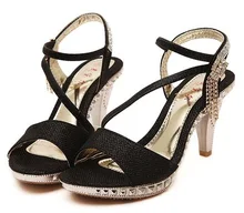 2016 Cool Summer Beautiful Sequins High-heeled Elegant Shoes Rhinestone Peep Toe Stiletto Sandals Woman Black Gold