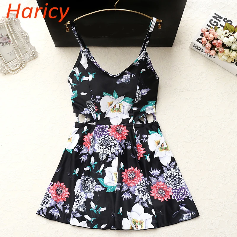 

Sexy High Cut One Piece Dress Backless Swimwear One Piece Swimsuit Skirt 2018 Hot Floral Printed Padded Strap Monokin