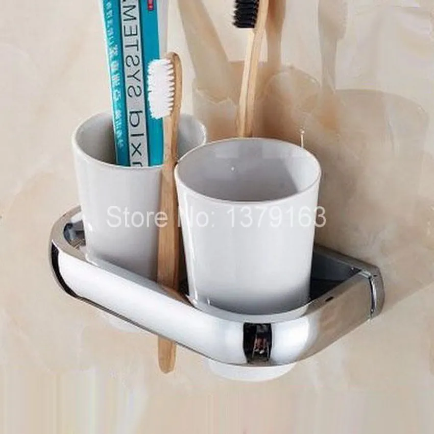

Bathroom Accessories Polished Chrome Brass Bath Wall Mounted Bathroom Toothbrush Holder Set White Double Ceramic Cups aba836