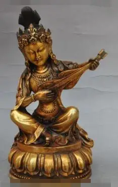 

S2808 9"Tibet Lhasa temple Copper Bronze Gilt Lute Bodhisattva Guan Yin Buddha statue