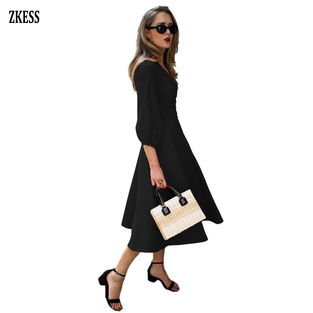 Black-Button-Front-Balloon-Sleeve-Vintage-Dress-LC610282-2-2