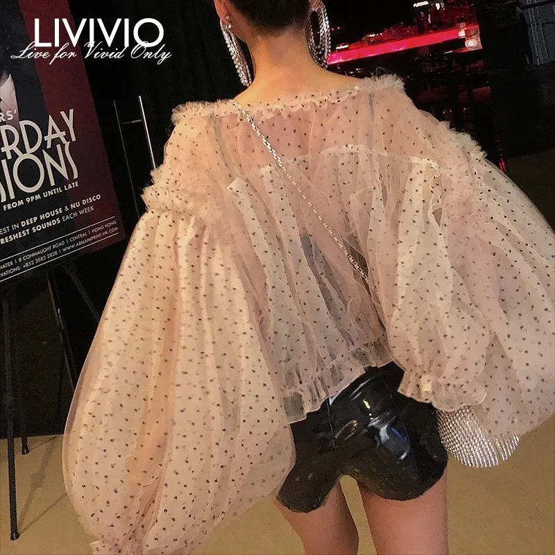 

[LIVIVIO] Beach Trench Coat Female Dot Mesh Lantern Sleeve Ruffles Patchwork 2019 Summer Womens Fashion Sweet Sheer Clothing New