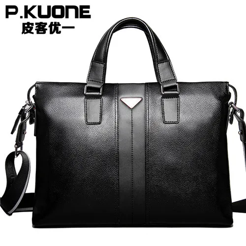 P. kuone, модные мужские сумки, винтажные, коричневые, натуральная кожа, портфель, деловые сумки на плечо, высокое качество, для ноутбука, портфель, сумка - Цвет: Черный