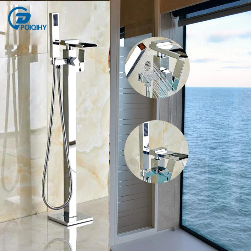 

POIQIHY Floor Standing Waterfall Bathtub Faucet Centerset with Hand Shower Sprayer Chrome Finish Mixer Tap