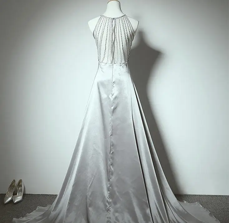 VENSANAC 2018 Luxury Crystal Beading Halter Pleat A Line Long Evening Dresses Party Sash Backless Sweep Train Prom Gowns