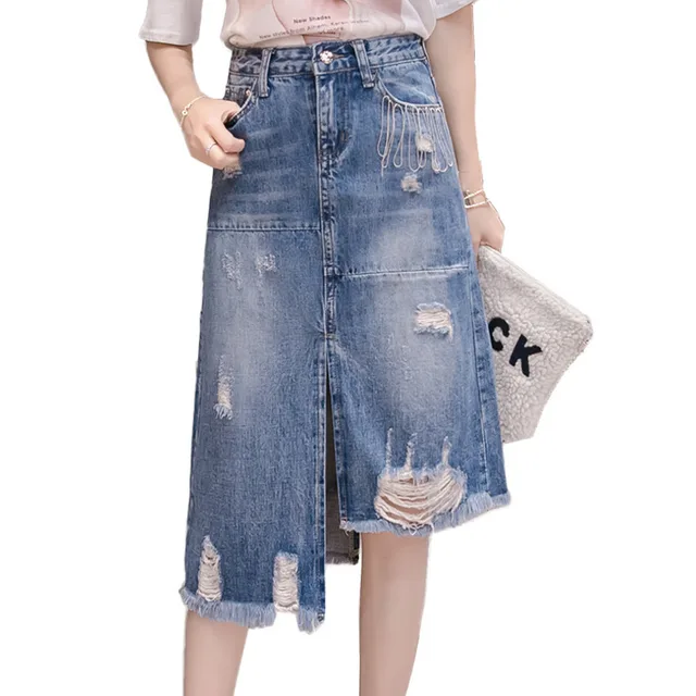 New Streetwear Ripped Denim Skirts Women Summer Asymmetrical Long Jeans ...