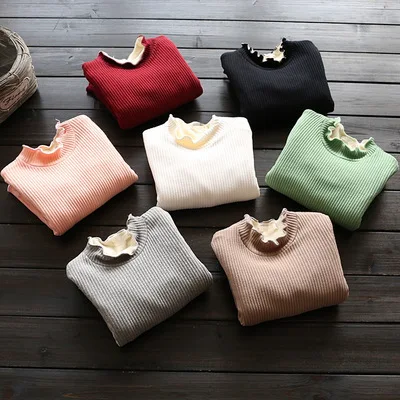 

Girls Sweaters Solid Candy Color Boys Sweaters 2018 Autumn New Knitted thick Baby Ribbed Velvet Sweater Pullover Kids Clothing