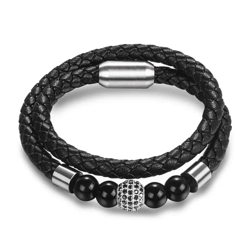 Jiayiqi New Fashion Leather Beaded Bracelet For Men Women Braided Leather Rope Bangles Natural Stone Beads Punk Rock Men Jewelry - Окраска металла: Silver 2