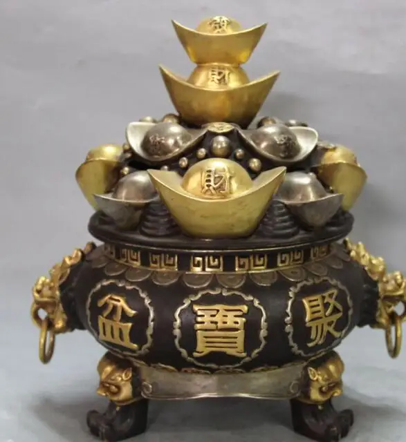 

S5065 11" Marked Purple Bronze 24K Gold Pure Silver Wealth Treasure bowl Dragon Statue