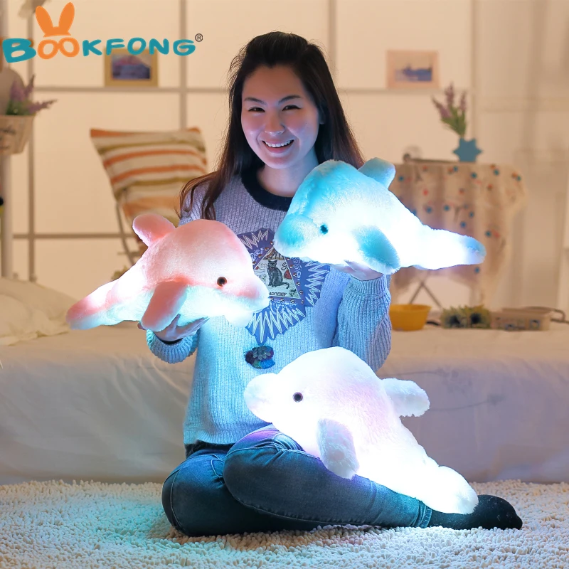 BOOKFONG Colorful Led Light Pillow Cushion Cute Dolphin Stuffed Plush Doll Toy Girl Birthday Gift 45cm