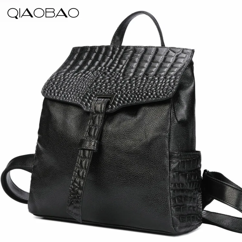 

QIAOBAO 100% Natural Leather Crocodile Pattern Backpack Korean Fashion Cowhide Leather bag simple shoulder bag