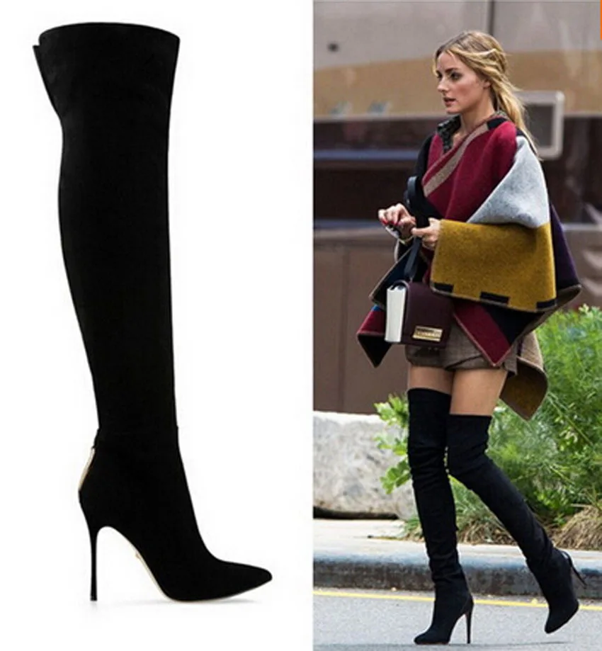 

woman luxury pointed toe over the knee genuine leather motorcycle boots black suede leather back sequined decor winter boots