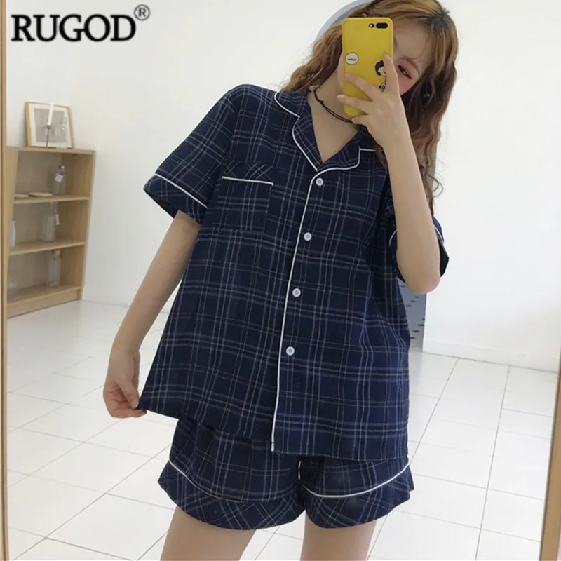 Новая Винтажная клетчатая пижама RUGOD женская модная рубашка с коротким рукавом +