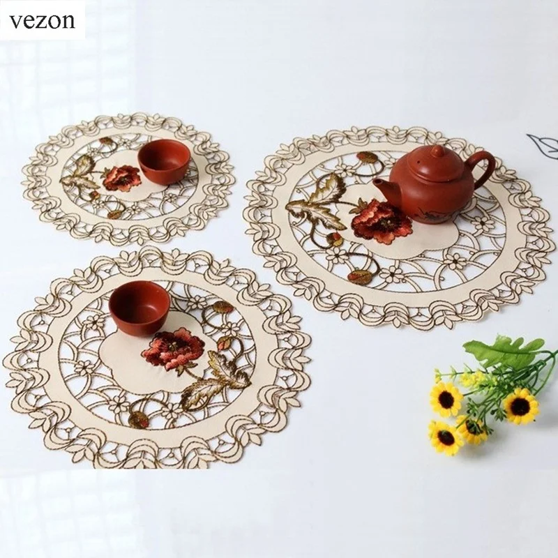 

vezon New Arrival Hot Round Elegant Polyester Floral Doily Embroidery Placemat Tablecloth Embroidered Napkin Tissue Box Covers