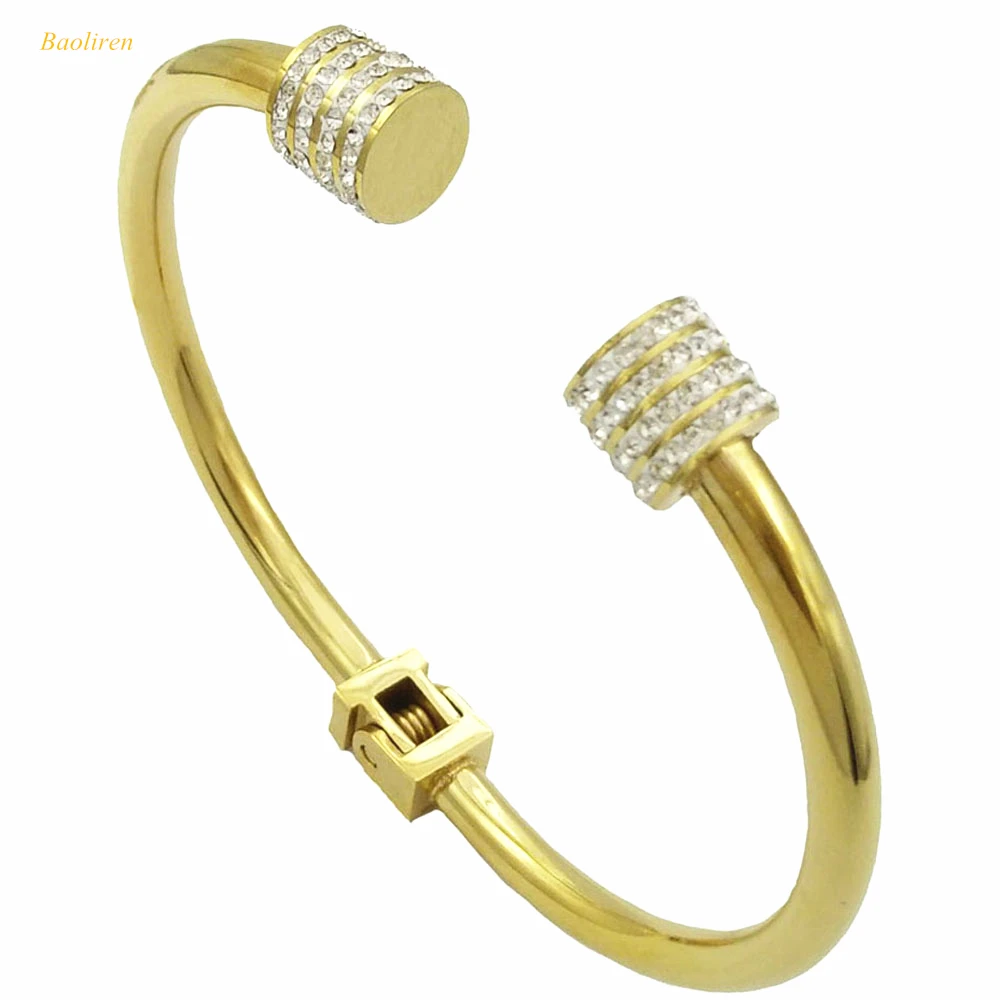 Baoliren Stainless Steel Gold Black Pave Rhinestone Torque Spring Bangle Bracelet for Ladyin