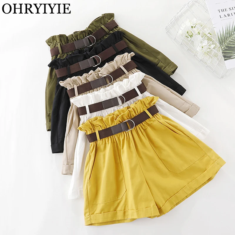 

OHRYIYIE 2019 New Spring Summer Fashion Elastic Sashes High Waist Shorts Women Korean Casual Black White Yellow Shorts Female