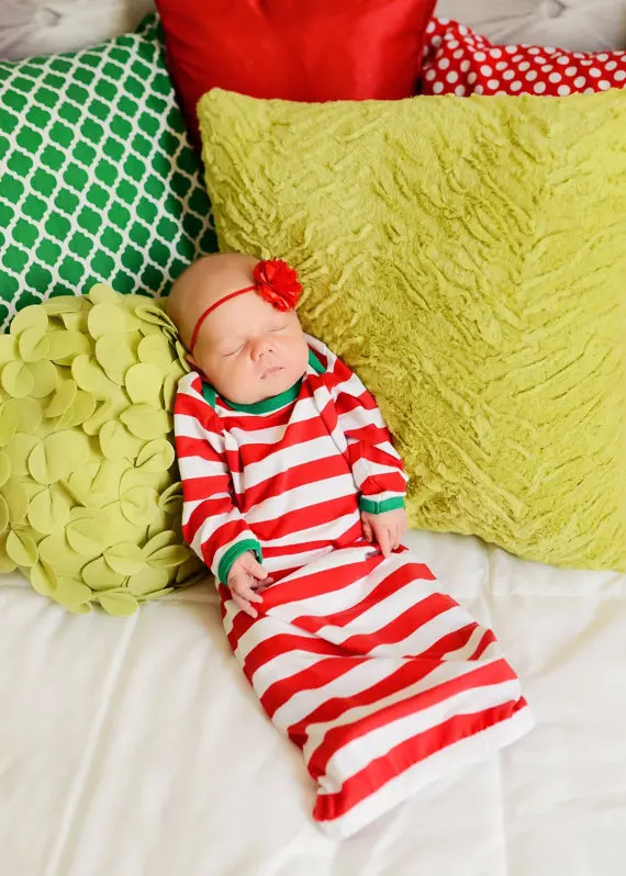 Рождественская Ночная рубашка в красную полоску с длинными рукавами для новорожденных девочек, одежда