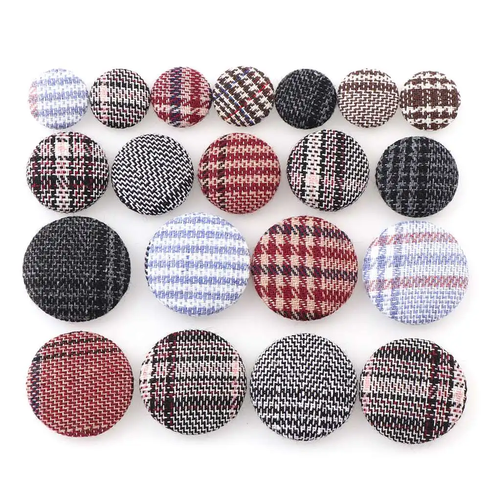 

15/20/25mm 30-50pcs Plaid Lattice Fabric Houndst Covered Round Button Flatback Cabochon DIY Decoration Button Scrapbooking