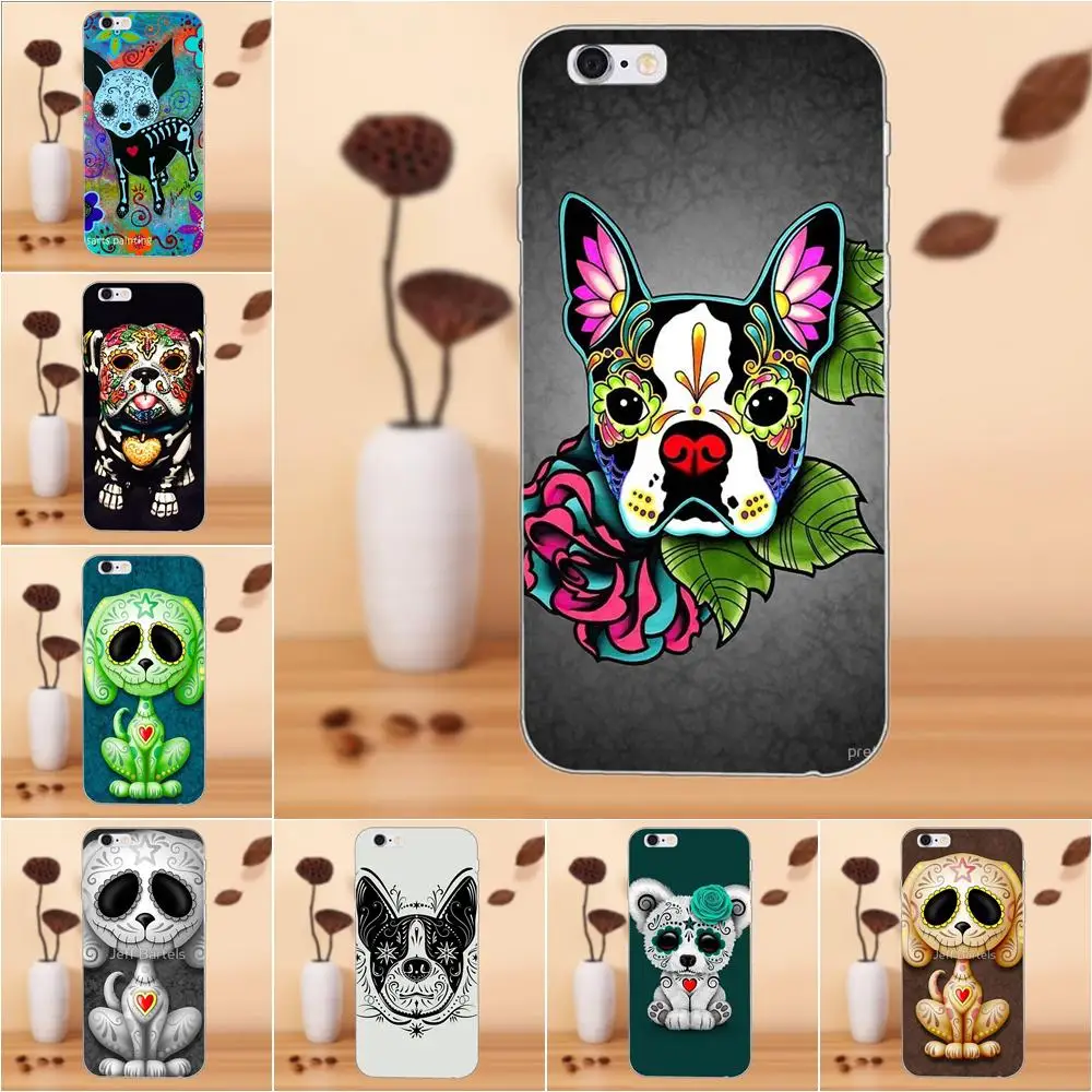 

For Apple iPhone 4 4S 5 5C 5S SE 6 6S 7 8 Plus X XS Max XR Soft Cute Case Boston Terrier Day Of The Dead Sugar Skull Dog