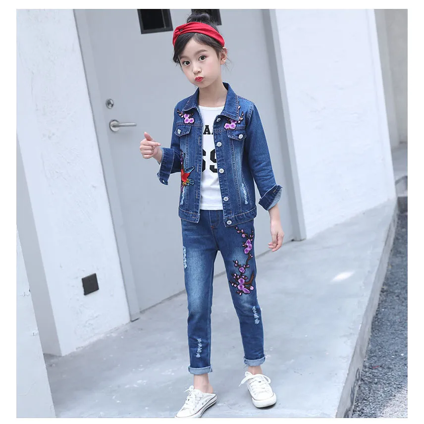 

New version china flower bird children's wear girls spring and autumn sports casual denim two-piece suit4-14T