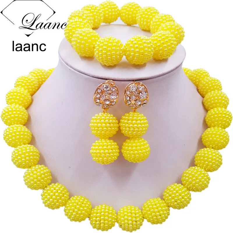 laanc 3 Rows Crystal and Imitation Peals Necklace Bracelet Earrings Nigerian Beads African Jewelry Sets