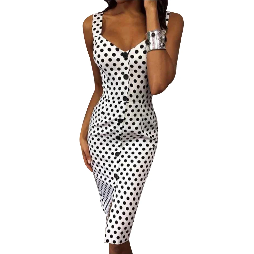 Мода женщин V шеи Спагетти ремень без рукавов горошек Ретро Тонкий платье|Платья|