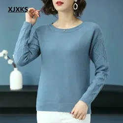 XJXKS Повседневный свитер с круглым вырезом Женская одежда женский пуловер свитер брендовый пуловер с заниженным плечом шерстяной вязаный