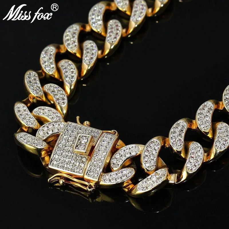 MISSFOX хип хоп мужской сверкающий 24K позолоченный тон AAA CZ камень большая кубинская