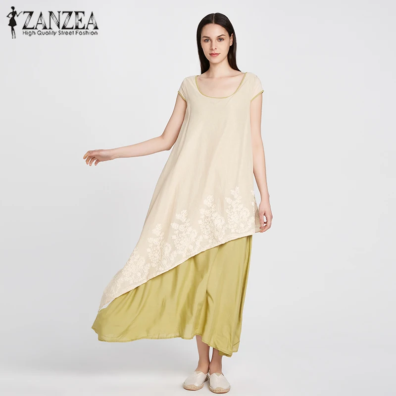 2017 ZANZEA Vintage Embroidery Floral Summer Short Sleeve Patchwork Kaftan Women Beach Party Maxi Long Dress