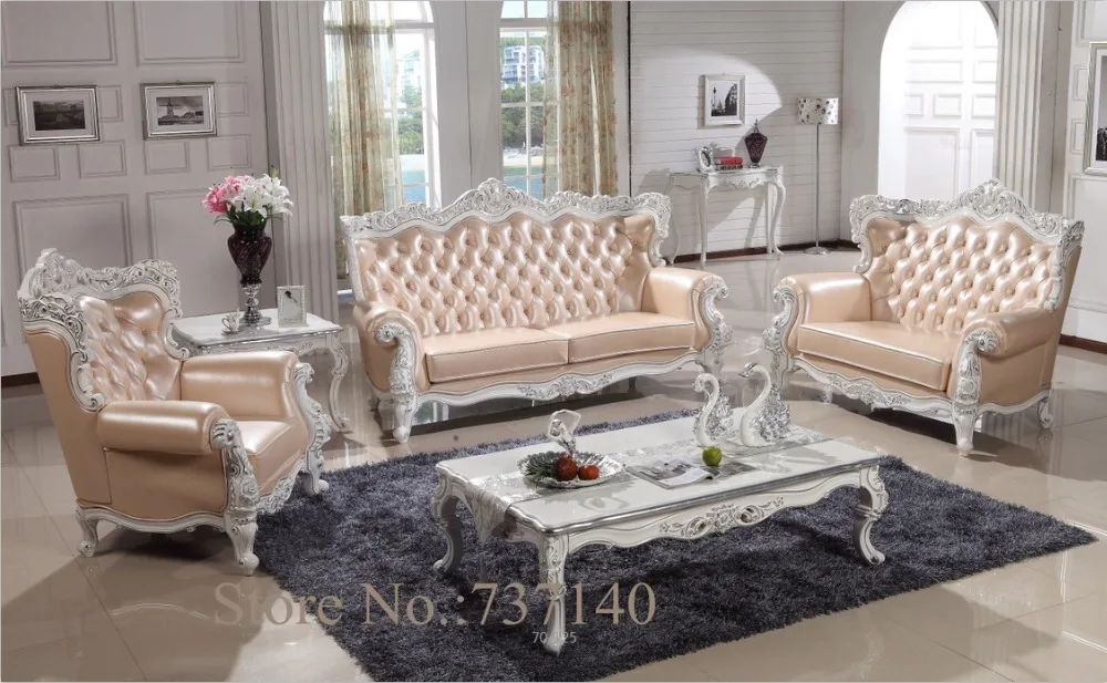 Juego de sofás muebles de sala de estar de madera y de cuero genuino