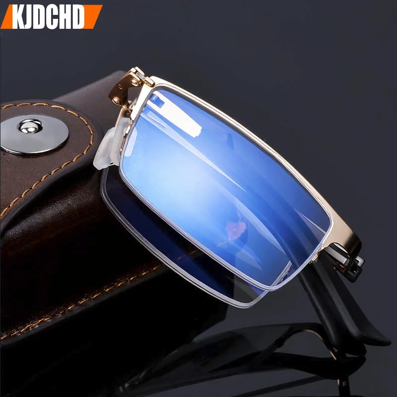 

High-end Business Anti Blue Ray Folding Reading Glasses Stainless Steel Half Eyeglasses Frame Optical Prescription Eyewear