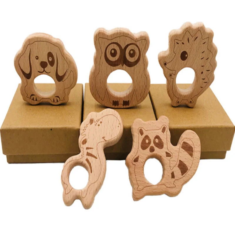 

Wooden Teether Cute Animal Shape Food Grade Materials Organic Chew Gift Baby Teethers BPA Free Wood Pendant Teething Toys