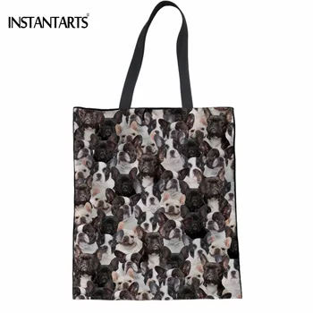 

INSTANTARTS Cute 3D French Bulldog/Boston Terrier Dog Print Women Linen Shopping Bags Multi-function Eco Bags Girl Shoulder Bags