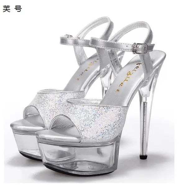 Женские сандалии на высоком каблуке 15 см с серебристыми блестками, женские сексуальные сандалии для ночного клуба, водонепроницаемая платформа, стальная обувь, модельная обувь