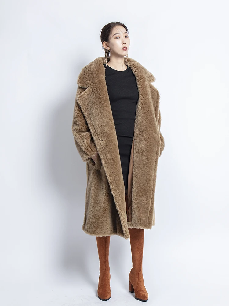 new real sheep fur coat long style camel teddy bear icon coat Oversized Parka Thick Warm Outerwear winter women coat