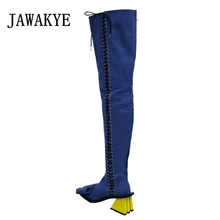 Однотонные Сапоги выше колена из натуральной кожи; женская зимняя обувь на необычном высоком каблуке с перекрестной шнуровкой; эластичные высокие сапоги с бантом для подиума