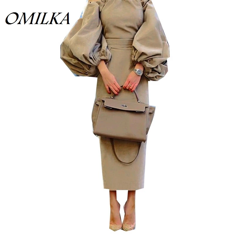OMILKA, осенне-зимнее женское облегающее платье с пышными рукавами и открытыми плечами, винтажные вечерние платья с разрезом сзади телесного цвета, длинное Vestidos De Festa