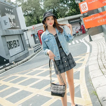 

DOIB Spring Autumn Jean Coat Casual Denim Jacket Long Sleeves Embroidery Frayed Pattern Basic Coat Lady Windbreaker Pocket