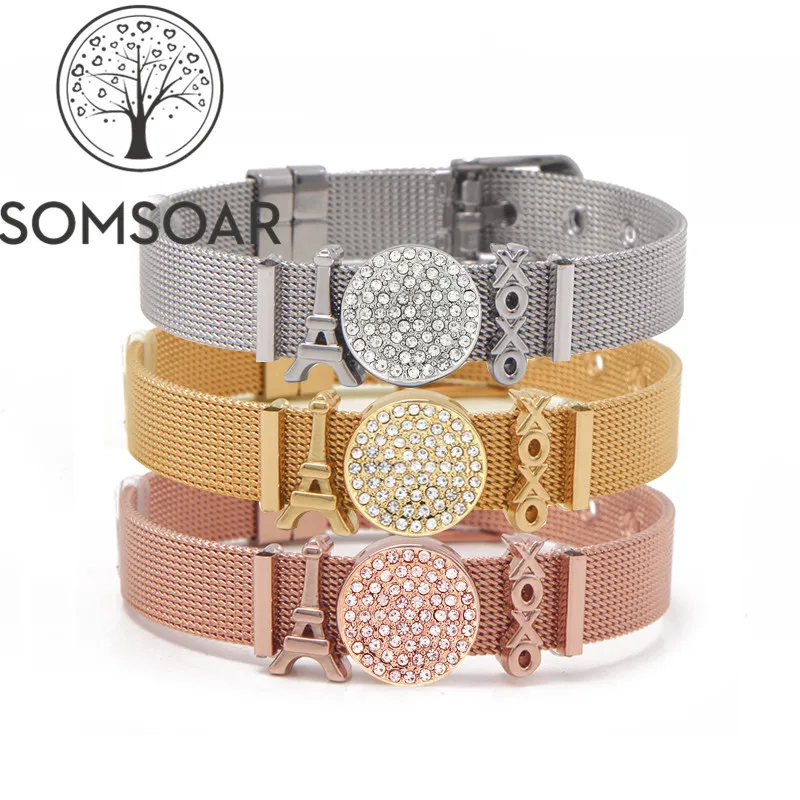 

Somsoar Jewelry Eiffel Tower & XOXO Slide ing Charms Bracelet Set Stainless steel Mesh Bracelet Bangle as Gift