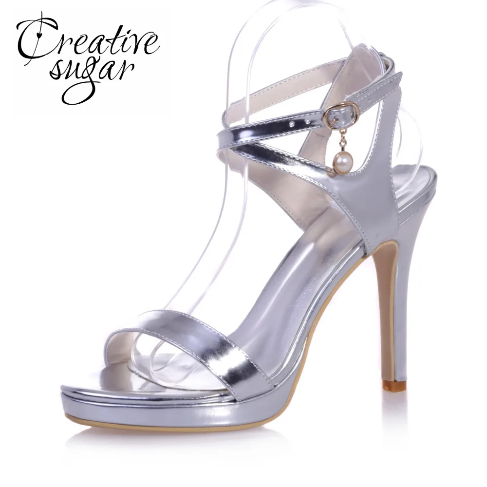 

Creativesugar patent leather narrow bands metallic women sandals summer shoes gold silver royal blue high heels ankle strap