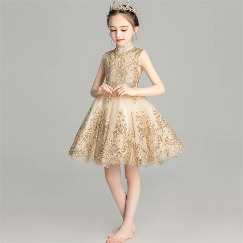 as pic short dress Роскошное платье с блестками золотистого цвета на день рождения для маленьких детей; вечернее платье со шлейфом для маленьких девочек; элегантное платье для выступлений - Цвет: as pic short dress