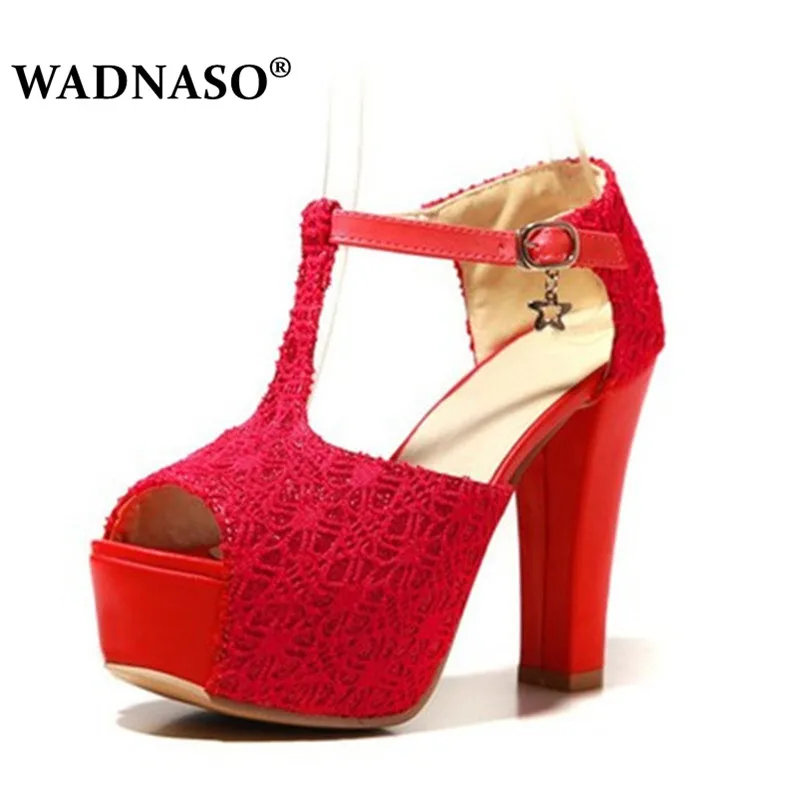 

WADNASO 2019 New Summer Platform T-Strap Sandals Women 12cm High Heels Sexy Lace Wedding Shoes Woman Party Footwear Ladies 34-43