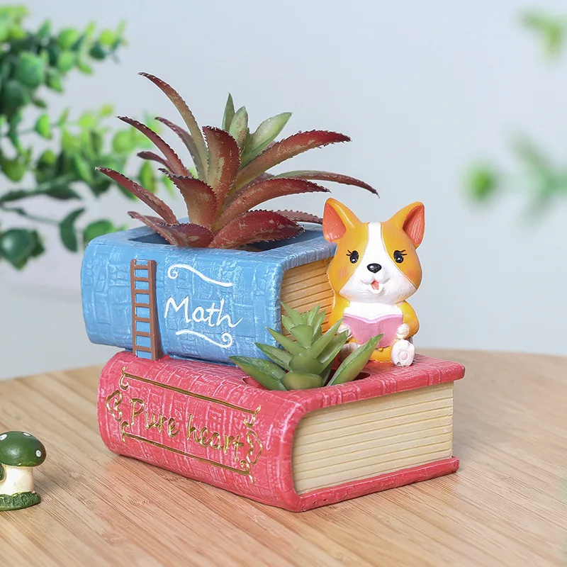 

1pc Corgi Design Flowerpot Resin Animal Dog Succulent Plant Pot Book Shoe Pen Water Jug Shaped Planter Pot Home Decor Craft